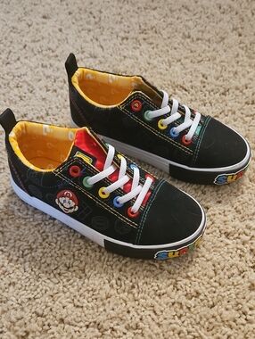 Kids Black Super Mario Low-Top Sneakers with Multicolor Accents